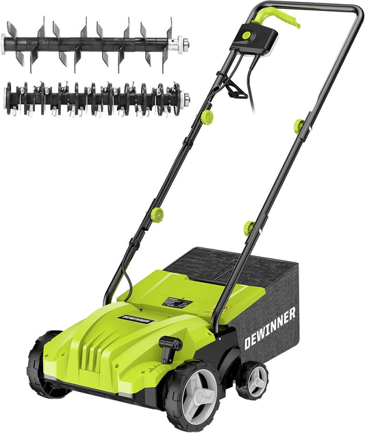 DEWINNER 1500W Electric Scarifier Blunder, 2 in 1 Scarifier Electric Aerator, 3200 RPM, with 2 Replacement Blades Included, Pickup Tray 30L, Adjustable Depth - 4 Depths