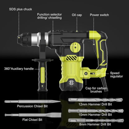 DEWINNER Hammer Drill SDS-Plus, 5.5J Demolition Hammer, 6 Speed, 850RPM, 4400BPM, Safety Clutch & Anti-Vibration Technology, 4 Functions Concrete Breaker, Steel, Wood