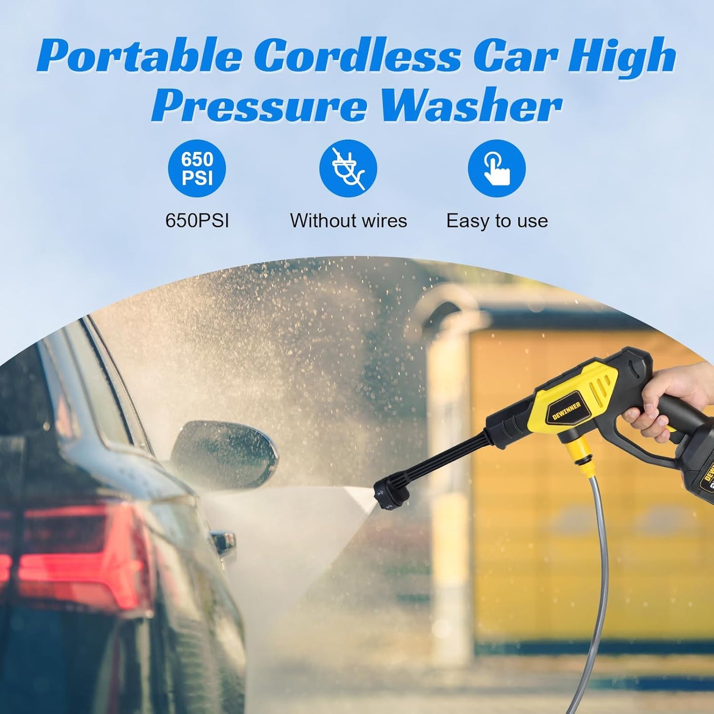 DEWINNER 25V Battery Pressure Washer, Portable High Pressure Cleaning Gun with 6-in-1 Multi-Function Nozzle, Max 610 PSI with 3000mAh Battery, for Car Washing and Watering
