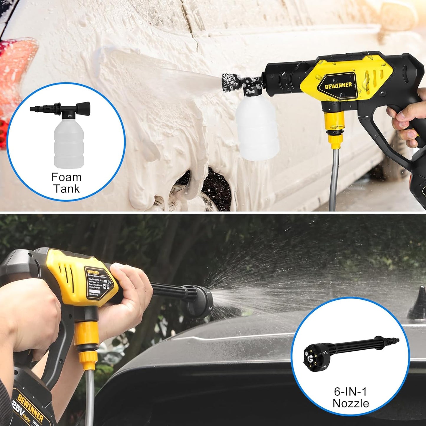 DEWINNER 25V Battery Pressure Washer, Portable High Pressure Cleaning Gun with 6-in-1 Multi-Function Nozzle, Max 610 PSI with 3000mAh Battery, for Car Washing and Watering