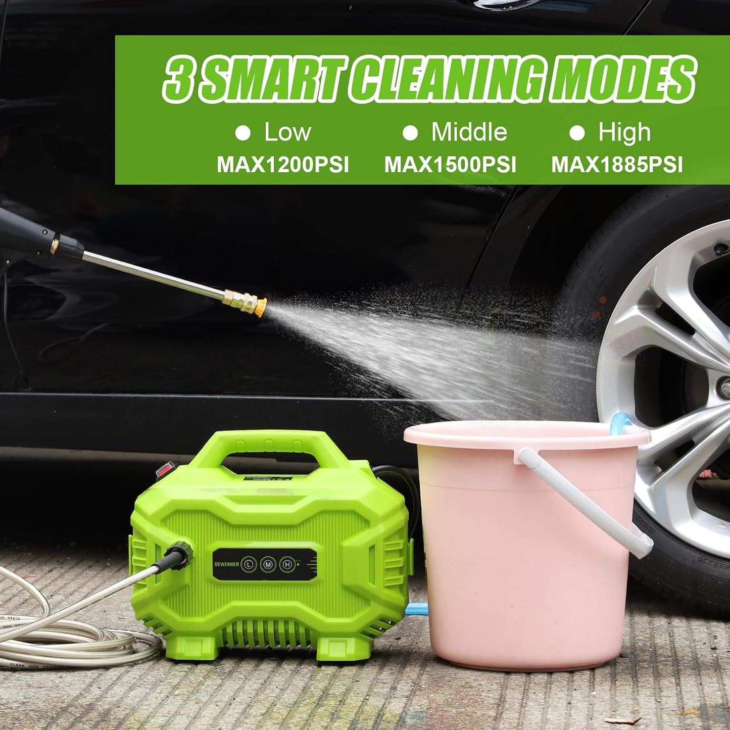 Dewinner Portable Pressure Washer 130 Bar 1200 W | Mini, 3 Speed Adjustment, 4 Nozzles, 8 Meter Hose, Foam Sprayer