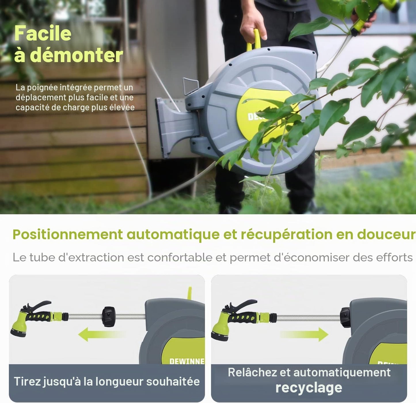 DEWINNER Wall Mounted Garden Hose Reel, 20 +2 m Automatic Wall Mounted Hose Reel with Spray Nozzle, Automatic Rewinding Bracket, Garden Hose with Reel, Outdoor Hose Watering