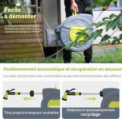 DEWINNER Wall Mounted Garden Hose Reel, 20 +2 m Automatic Wall Mounted Hose Reel with Spray Nozzle, Automatic Rewinding Bracket, Garden Hose with Reel, Outdoor Hose Watering