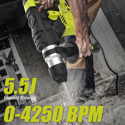 DEWINNER Hammer Drill SDS-Plus, 5.5J Demolition Hammer, 6 Speed, 850RPM, 4400BPM, Safety Clutch & Anti-Vibration Technology, 4 Functions Concrete Breaker, Steel, Wood