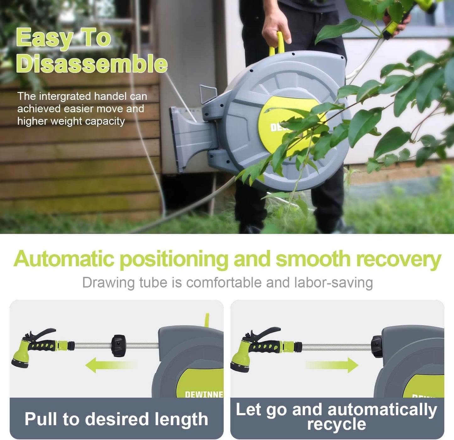 DEWINNER Garden Hose Reel 25+2M, Automatic Wall Mounted Hose Reel with Spray Nozzle, 180° Swivel, Garden Hose with Reel, 7 Functions for Watering Lawn Garden