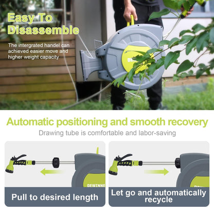 DEWINNER Garden Hose Reel 25+2M, Automatic Wall Mounted Hose Reel with Spray Nozzle, 180° Swivel, Garden Hose with Reel, 7 Functions for Watering Lawn Garden