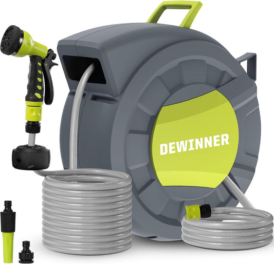 DEWINNER 30M Automatic Garden Hose Reel with Spray Nozzle, 180° Swivel, Garden Hose with Reel, 7 Functions for Watering Lawn Garden