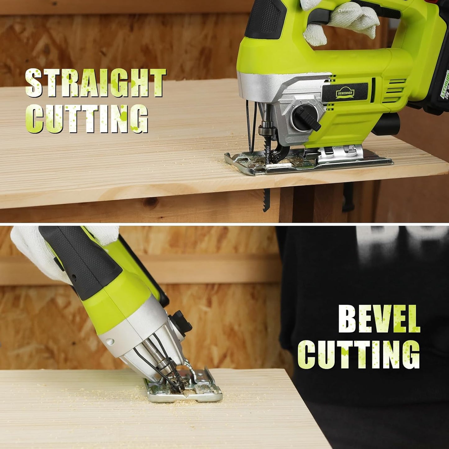 Dewinner 20V Cordless Jigsaw with 2.0 Ah Battery, Charger and Gloves Case, 5 x Blades, 4-Position Orbital Action with Set, 0-45° Bevel Cutting, Fast Blade Change