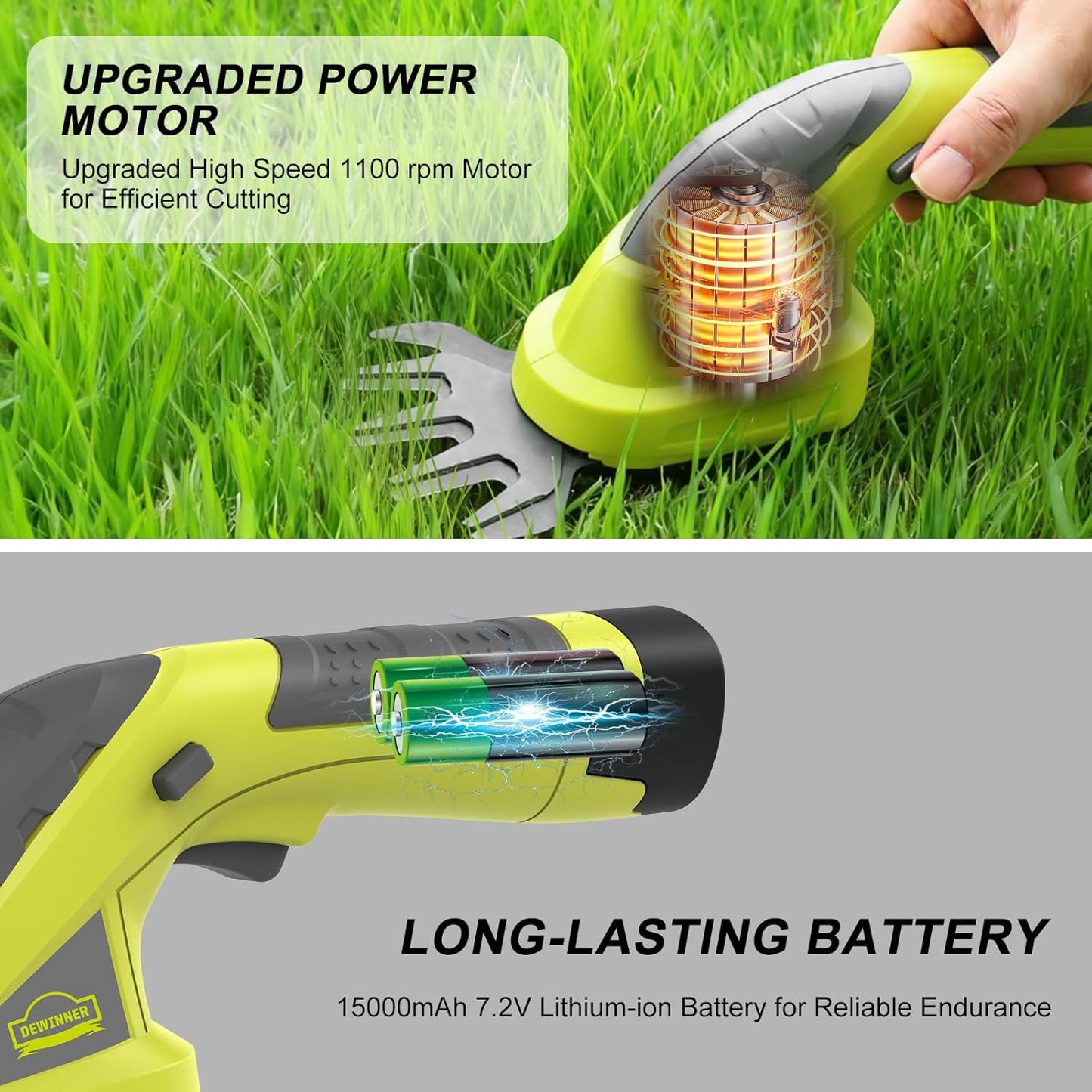 DEWINNER 2 in 1 Lawn Shears, Battery 7.2V, Blade Width 100, for Cutting Hedges, Lawns, Includes Portable Tailor, Battery and Charger DE-T1502