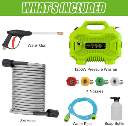 Dewinner Portable Pressure Washer 130 Bar 1200 W | Mini, 3 Speed Adjustment, 4 Nozzles, 8 Meter Hose, Foam Sprayer