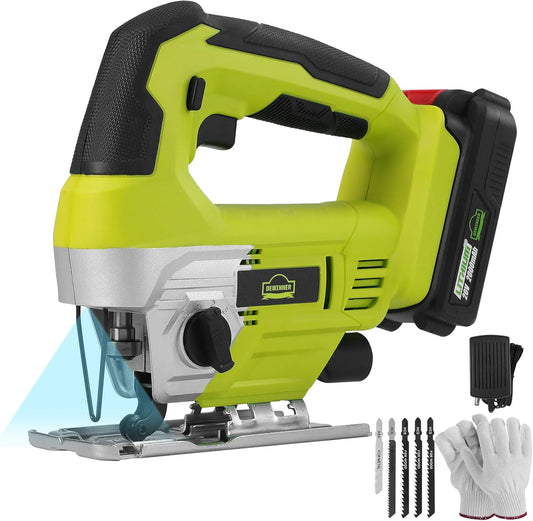 Dewinner 20V Cordless Jigsaw with 2.0 Ah Battery, Charger and Gloves Case, 5 x Blades, 4-Position Orbital Action with Set, 0-45° Bevel Cutting, Fast Blade Change