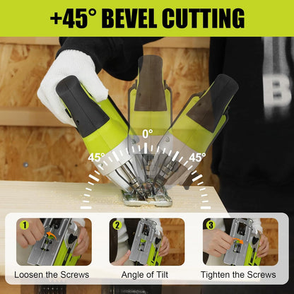 Dewinner 20V Cordless Jigsaw with 2.0 Ah Battery, Charger and Gloves Case, 5 x Blades, 4-Position Orbital Action with Set, 0-45° Bevel Cutting, Fast Blade Change