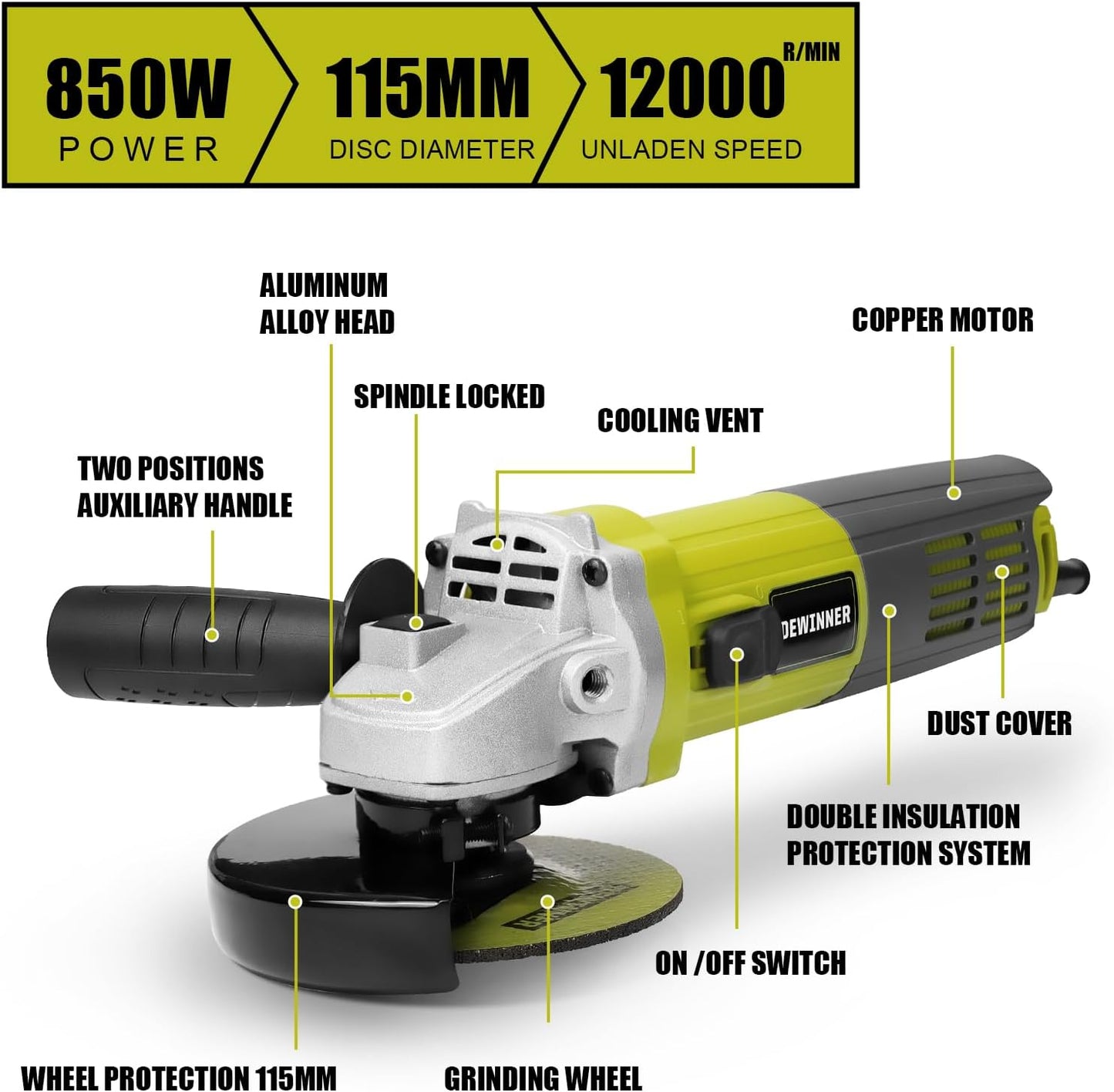 DEWINNER Angle Grinder 850W, 220-240V, 6 Discs Angle Grinder, 115 mm, Protective Cover, with Additional Handle Grinding Cutting Tool