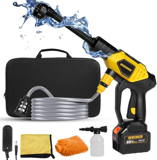 DEWINNER 25V Battery Pressure Washer, Portable High Pressure Cleaning Gun with 6-in-1 Multi-Function Nozzle, Max 610 PSI with 3000mAh Battery, for Car Washing and Watering