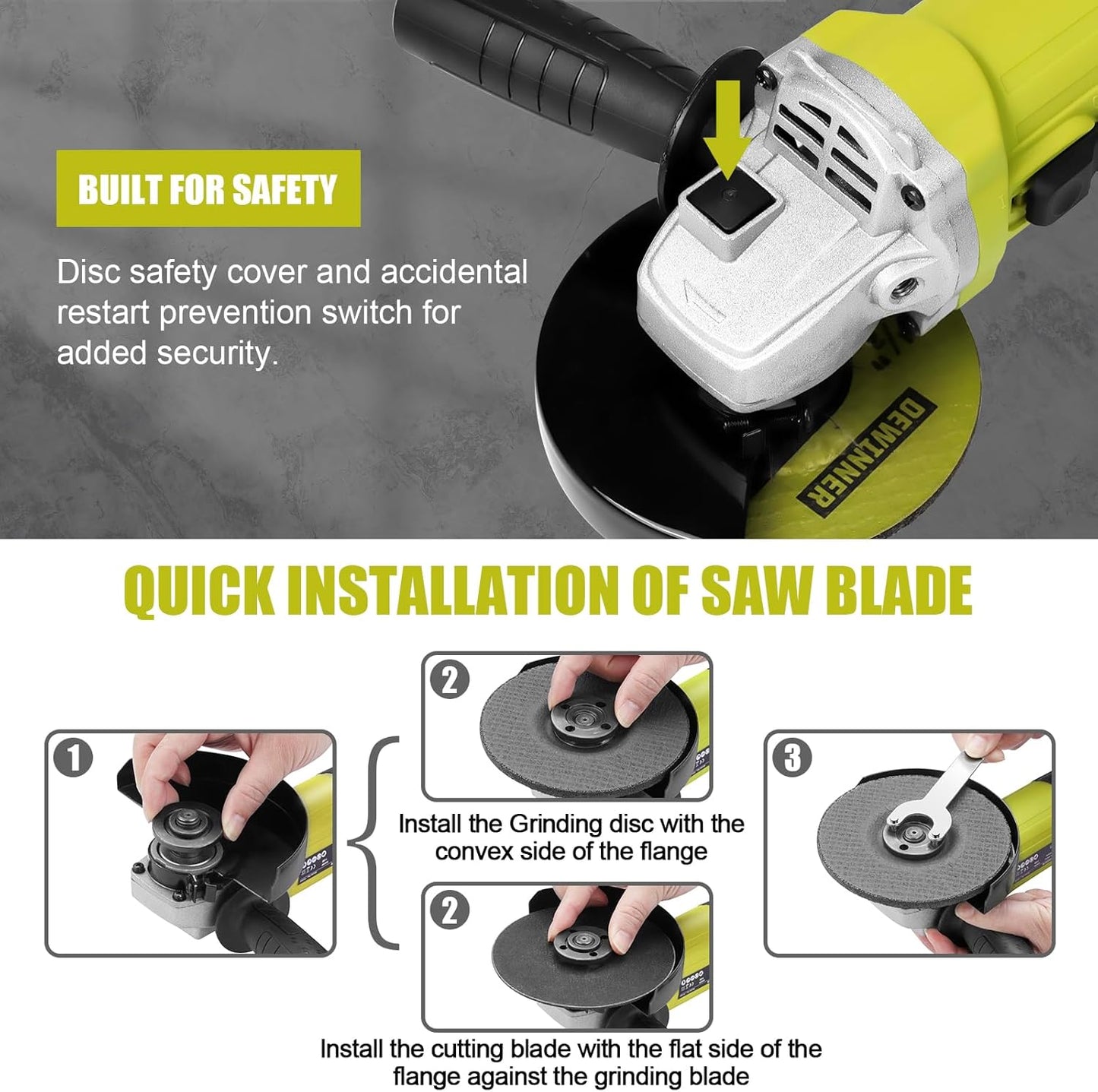 DEWINNER Angle Grinder 850W, 220-240V, 6 Discs Angle Grinder, 115 mm, Protective Cover, with Additional Handle Grinding Cutting Tool