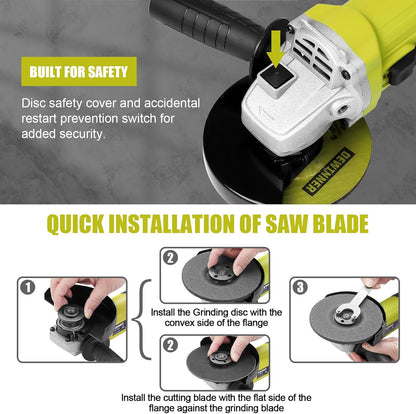 DEWINNER Angle Grinder 850W, 220-240V, 6 Discs Angle Grinder, 115 mm, Protective Cover, with Additional Handle Grinding Cutting Tool