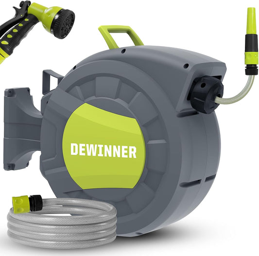 DEWINNER Wall Mounted Garden Hose Reel, 20 +2 m Automatic Wall Mounted Hose Reel with Spray Nozzle, Automatic Rewinding Bracket, Garden Hose with Reel, Outdoor Hose Watering