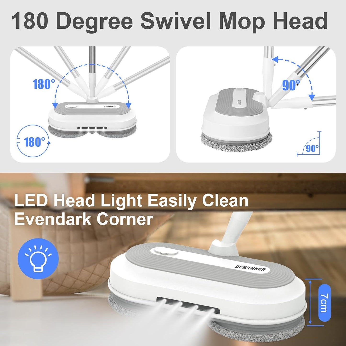 DEWINNER Cordless Electric Mop 2000 mAh 6 Pads 300 ML Water Tank