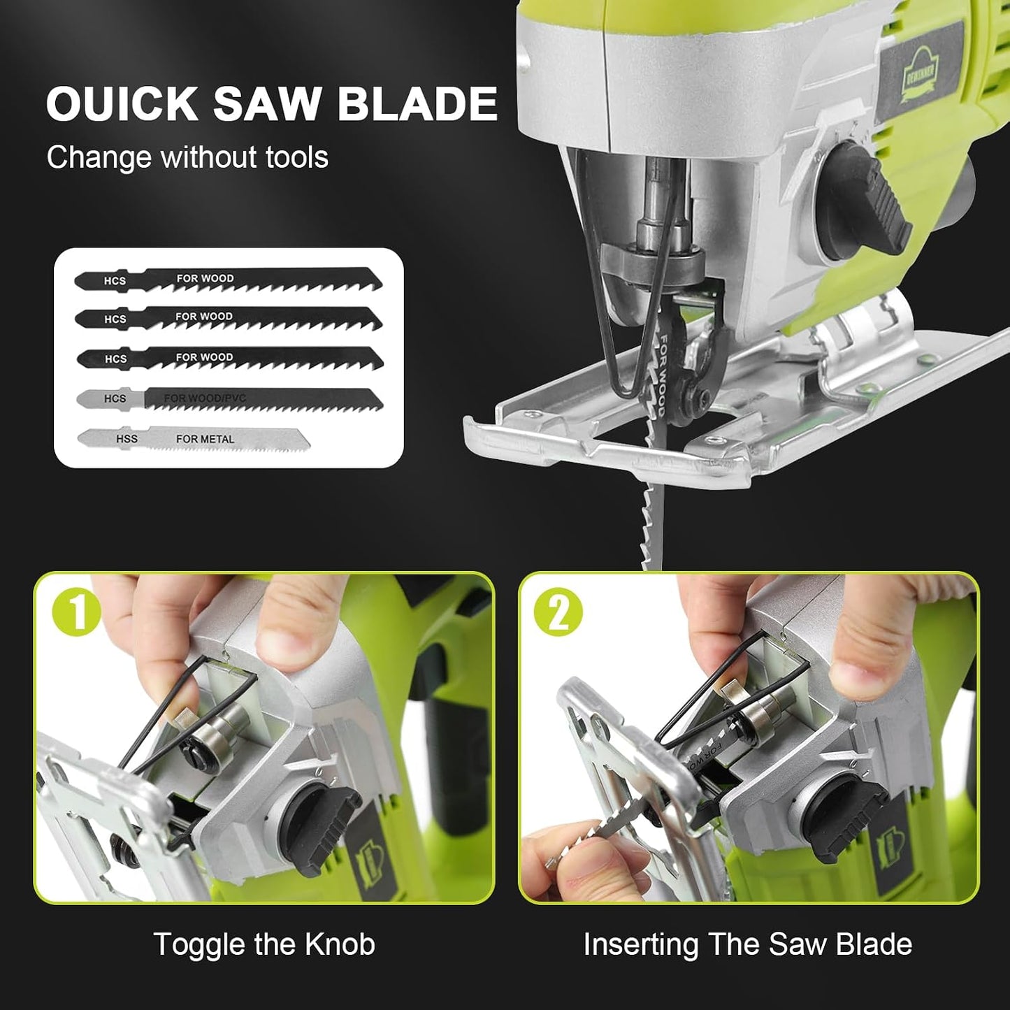 Dewinner 20V Cordless Jigsaw with 2.0 Ah Battery, Charger and Gloves Case, 5 x Blades, 4-Position Orbital Action with Set, 0-45° Bevel Cutting, Fast Blade Change