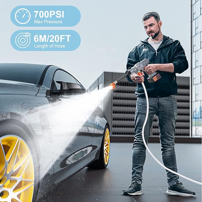 DEWINNER 32V Cordless Battery Powered Pressure Washer, 700PSI Portable Pressure Washer with 5-in-1 Adjustable Nozzle Suitable for Washing Cars/Fences/Siding, With Battery (DE-T279BKT)