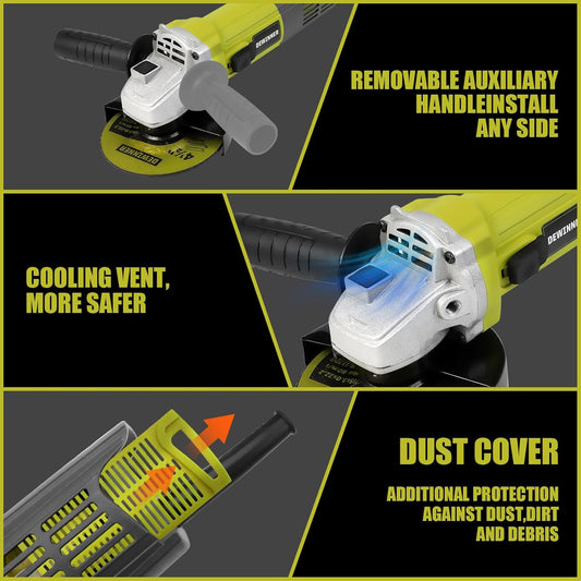 DEWINNER Angle Grinder 850W, 220-240V, 6 Discs Angle Grinder, 115 mm, Protective Cover, with Additional Handle Grinding Cutting Tool