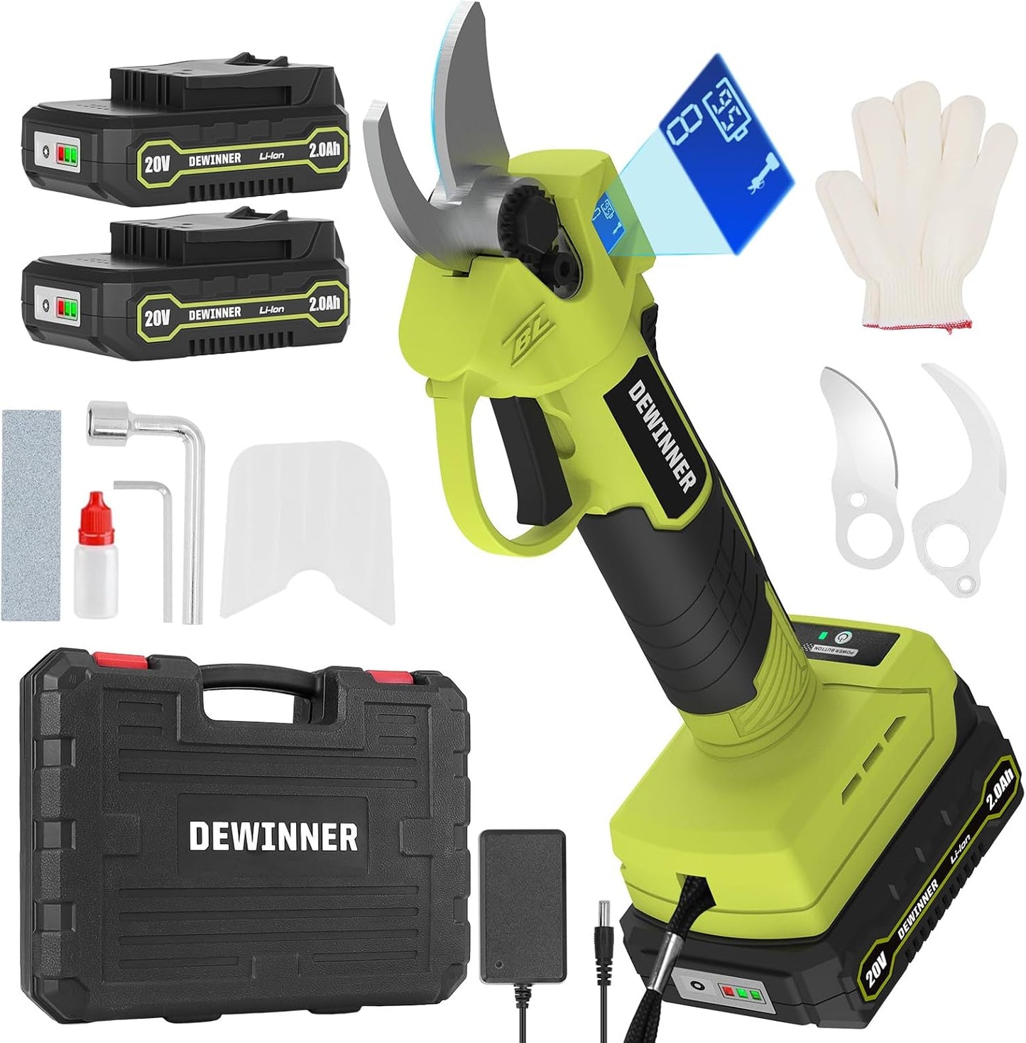 DEWINNER Cordless Electric Pruning Shears - Brushless Battery Pruning Shears with SK5 Blade, LCD Display, 2 x 2000 mAh, Adjustable Cutting Diameter 25 mm for Garden, Trees and Flowers