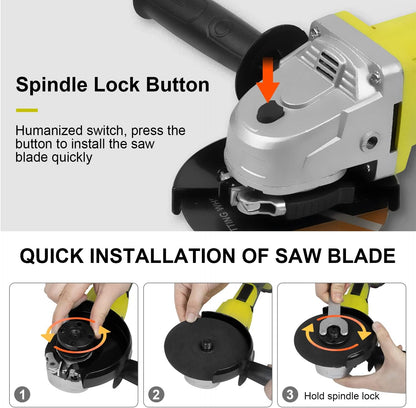 DEWINNER Cordless Angle Grinder, 115mm, 2*3Ah Battery, Auxiliary Handle, Quick Clamping, Quick Charger, 2 Grinding Discs for Grinding, Cutting and Polishing