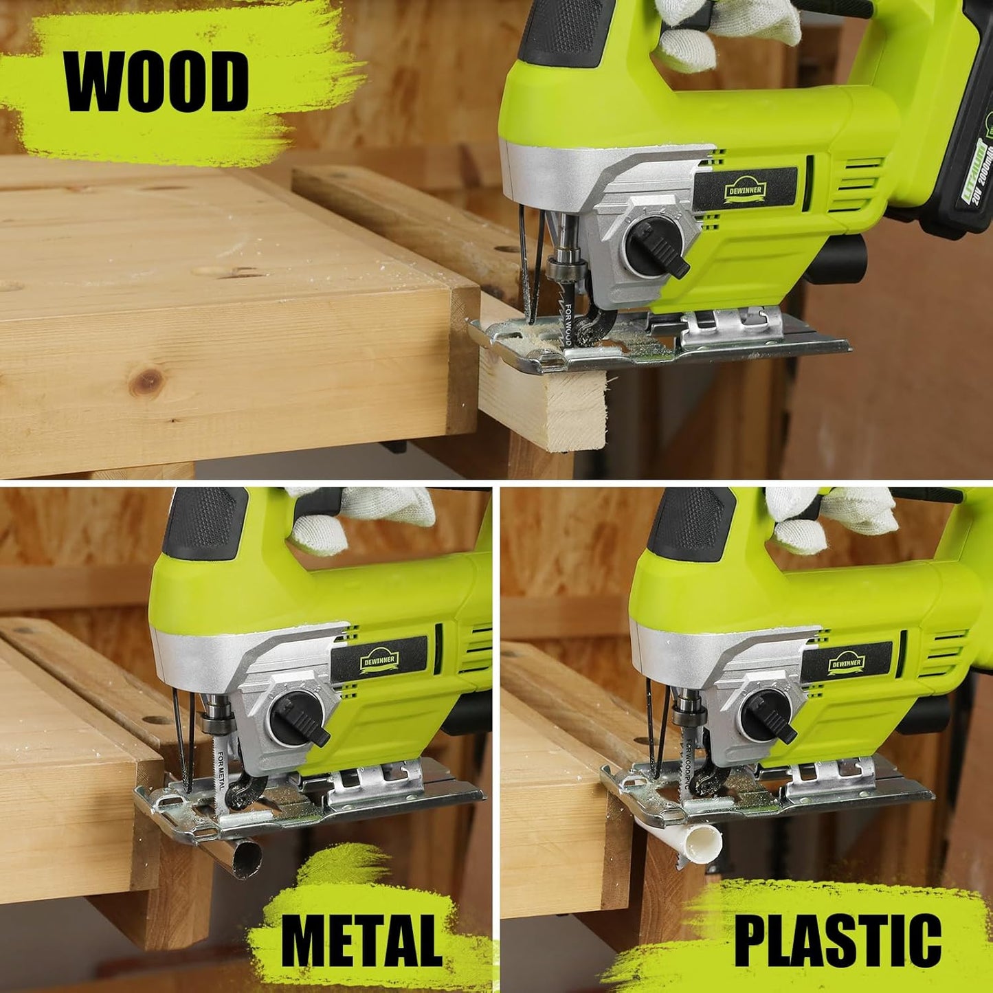 Dewinner 20V Cordless Jigsaw with 2.0 Ah Battery, Charger and Gloves Case, 5 x Blades, 4-Position Orbital Action with Set, 0-45° Bevel Cutting, Fast Blade Change
