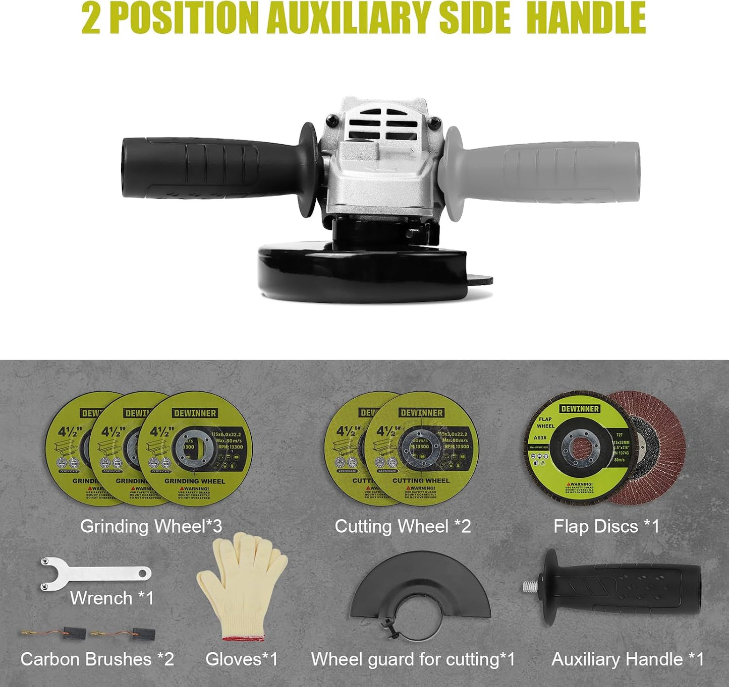 DEWINNER Angle Grinder 850W, 220-240V, 6 Discs Angle Grinder, 115 mm, Protective Cover, with Additional Handle Grinding Cutting Tool