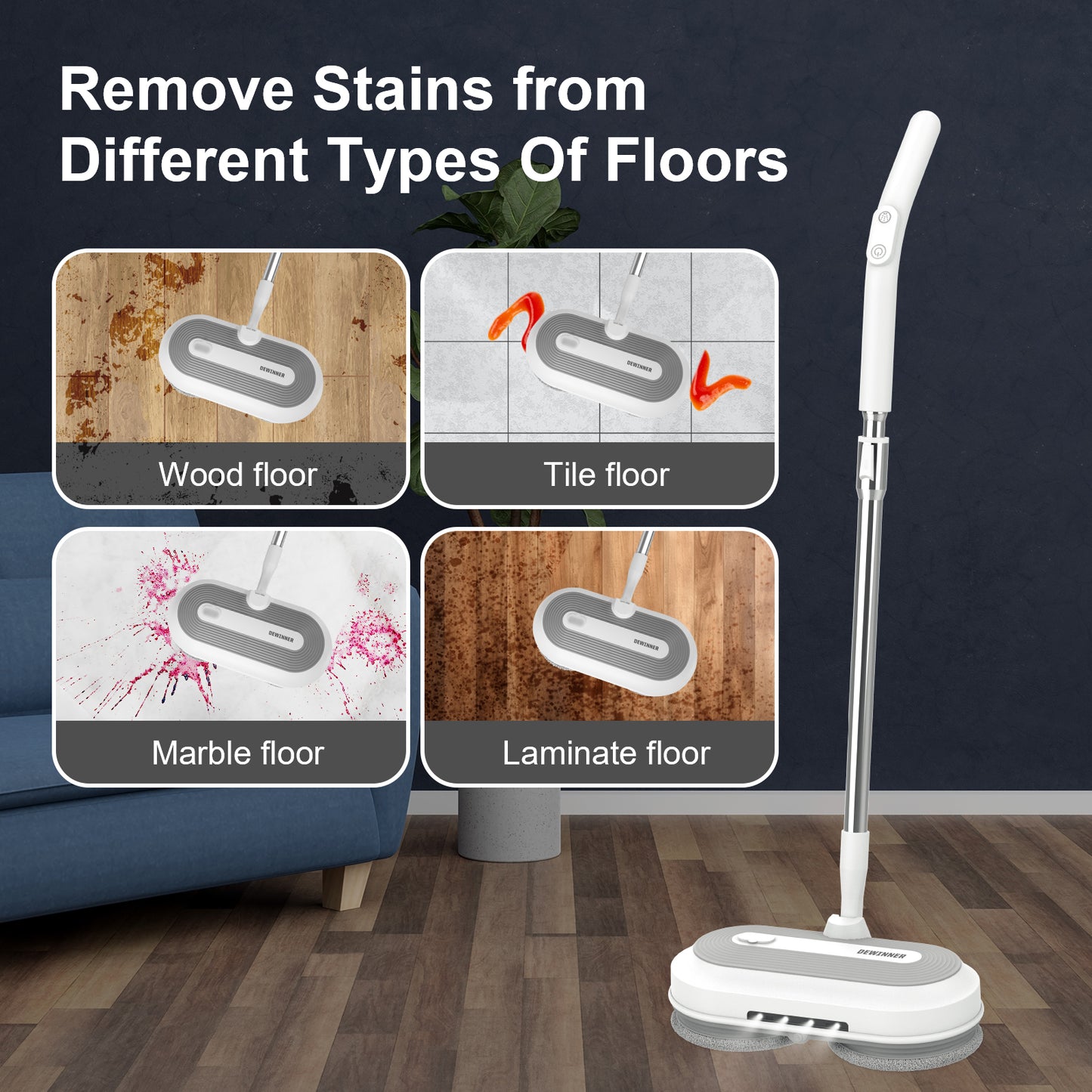 DEWINNER Cordless Electric Mop with 2.0 Ah Battery and Charger,Dual Spin Floor Polisher with 300ML Water Tank & Headlight, 120 L/H Compact Cleaner Kit for Cleaning and Washing