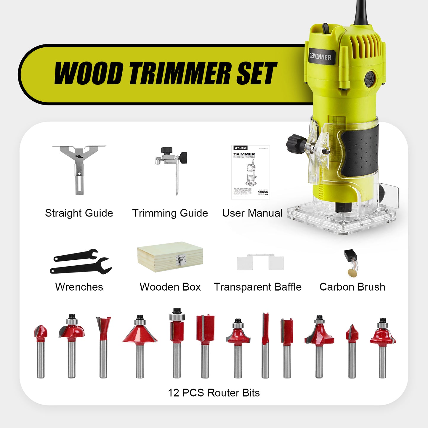 Electric Hand Palm Router, DEWINNER Trimmer Laminate Wood Working Joiners Tool, Compact Router with Trimmer Base, 3 Guide,2 Collets 1/4"(6.35mm) and 3/8"