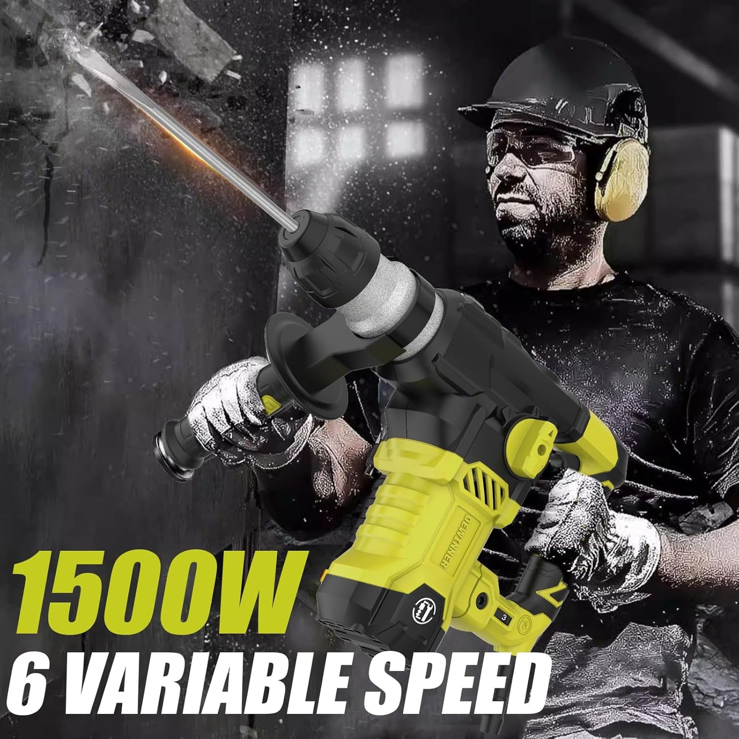 DEWINNER Hammer Drill SDS-Plus, 5.5J Demolition Hammer, 6 Speed, 850RPM, 4400BPM, Safety Clutch & Anti-Vibration Technology, 4 Functions Concrete Breaker, Steel, Wood