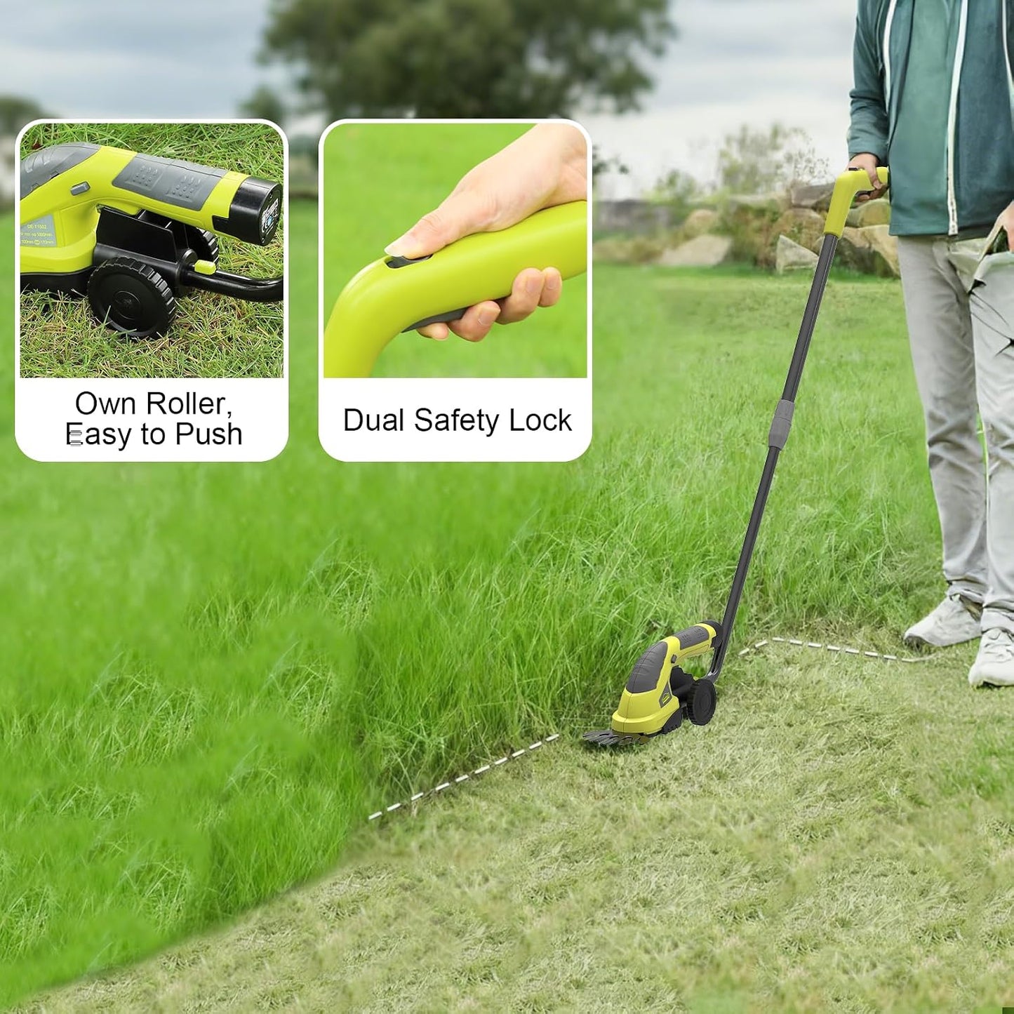 DEWINNER 7.2 V Cordless Edge Cutter, 2 in 1 Lawn Shears, Lightweight Lawn Mower, 1500 mAh Battery, Detachable Long Telescopic Handle, for Cutting Grass, Bush, Hedge
