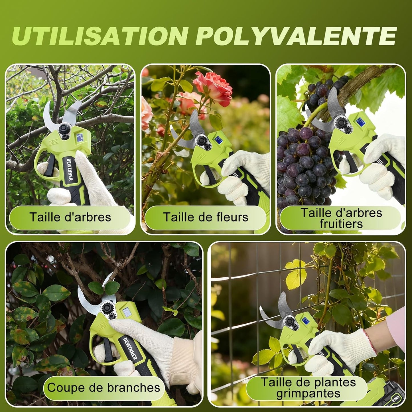 DEWINNER Cordless Electric Pruning Shears - Brushless Battery Pruning Shears with SK5 Blade, LCD Display, 2 x 2000 mAh, Adjustable Cutting Diameter 25 mm for Garden, Trees and Flowers