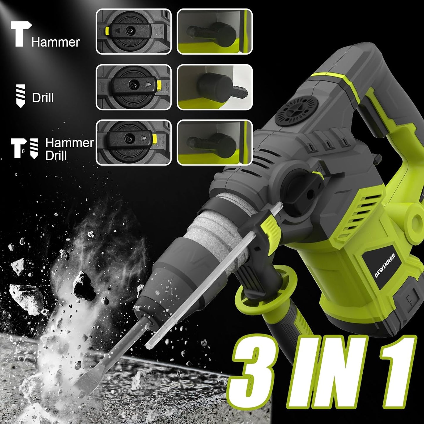 DEWINNER SDS-Plus Hammer Drill, 1500 W, 6 Speed, 850RPM, 4400BPM, 5.5J, Safety Clutch & Anti-Vibration Technology, 3 Functions, Including Organizer, Chisel and Drill 32 mm