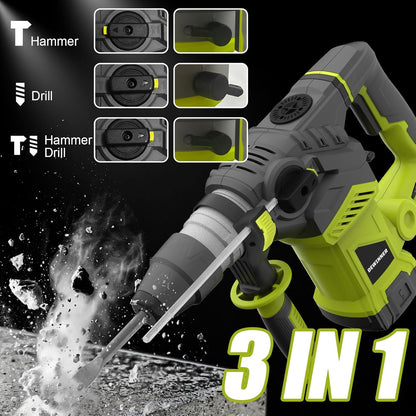 DEWINNER SDS-Plus Hammer Drill, 1500 W, 6 Speed, 850RPM, 4400BPM, 5.5J, Safety Clutch & Anti-Vibration Technology, 3 Functions, Including Organizer, Chisel and Drill 32 mm
