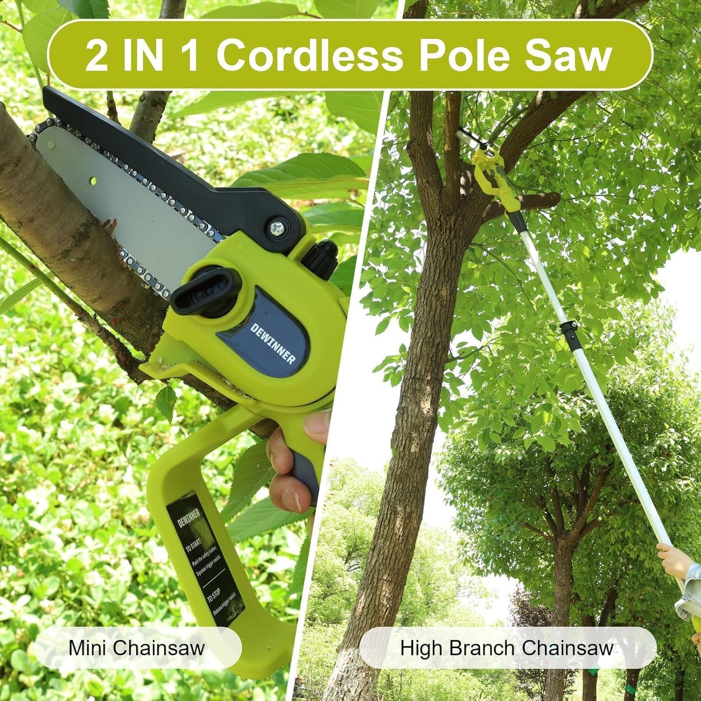 DEWINNER 3 in 1 Telescopic Hedge Trimmer - Electric Chainsaw with Safety Switch, Range up to 2.53 m, Blades 240 mm and 120 mm, Head Adjustable 135°