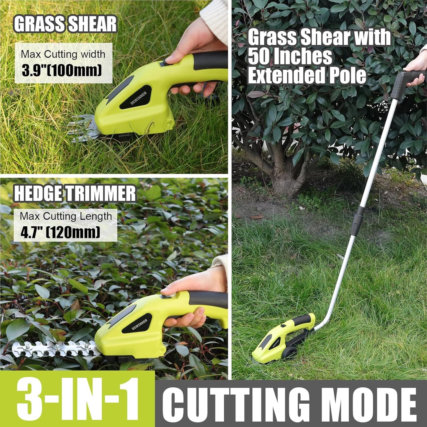Dewinner 3-in-1 Lawn Shears, 3.6 V Battery, Lawn Shears with 2 Blades, Garden Shears for Cutting Hedges, Lawns, Cutting Width/Length 10 cm/15 cm, Includes Charger