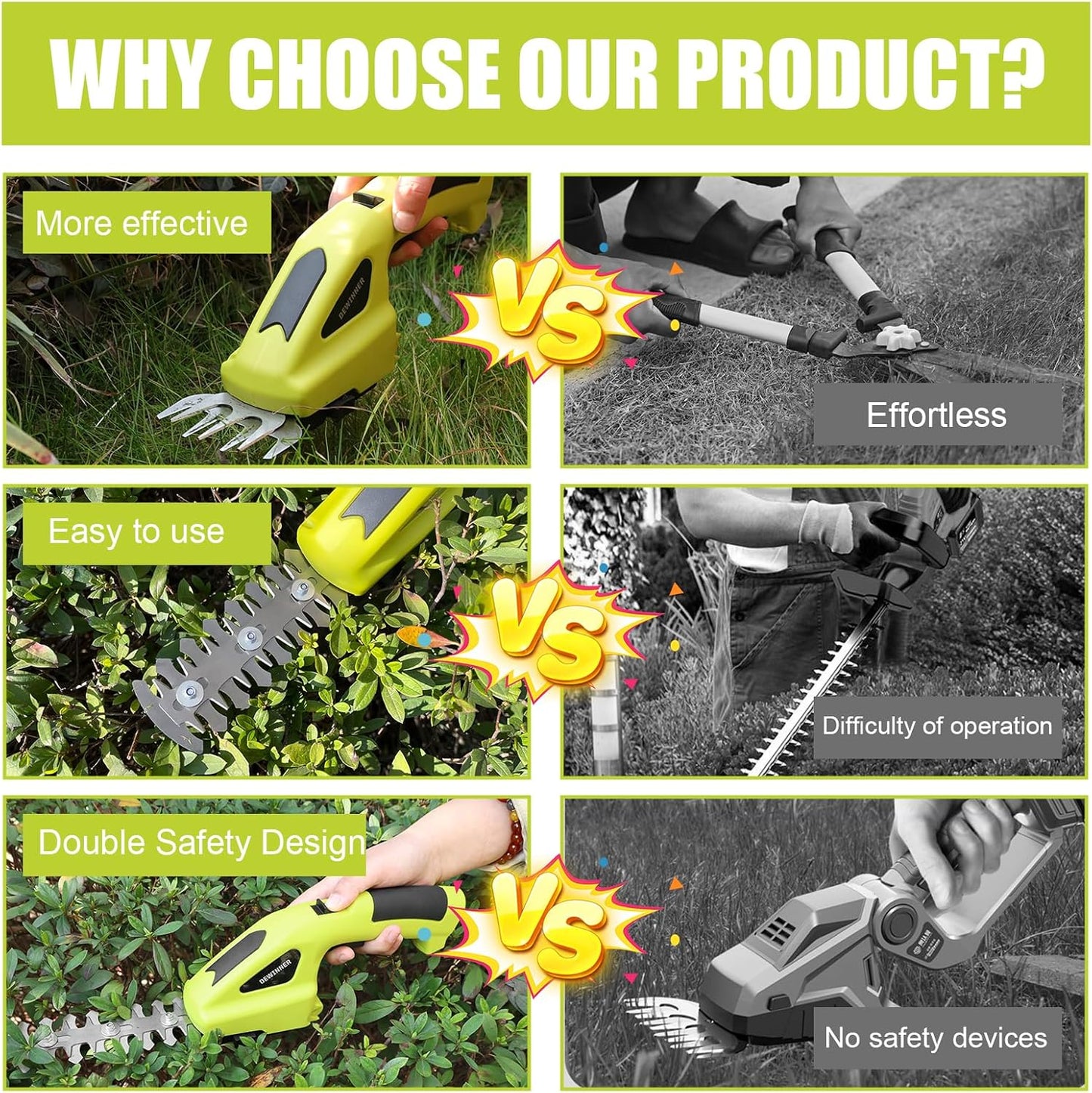 Dewinner 3-in-1 Lawn Shears, 3.6 V Battery, Lawn Shears with 2 Blades, Garden Shears for Cutting Hedges, Lawns, Cutting Width/Length 10 cm/15 cm, Includes Charger