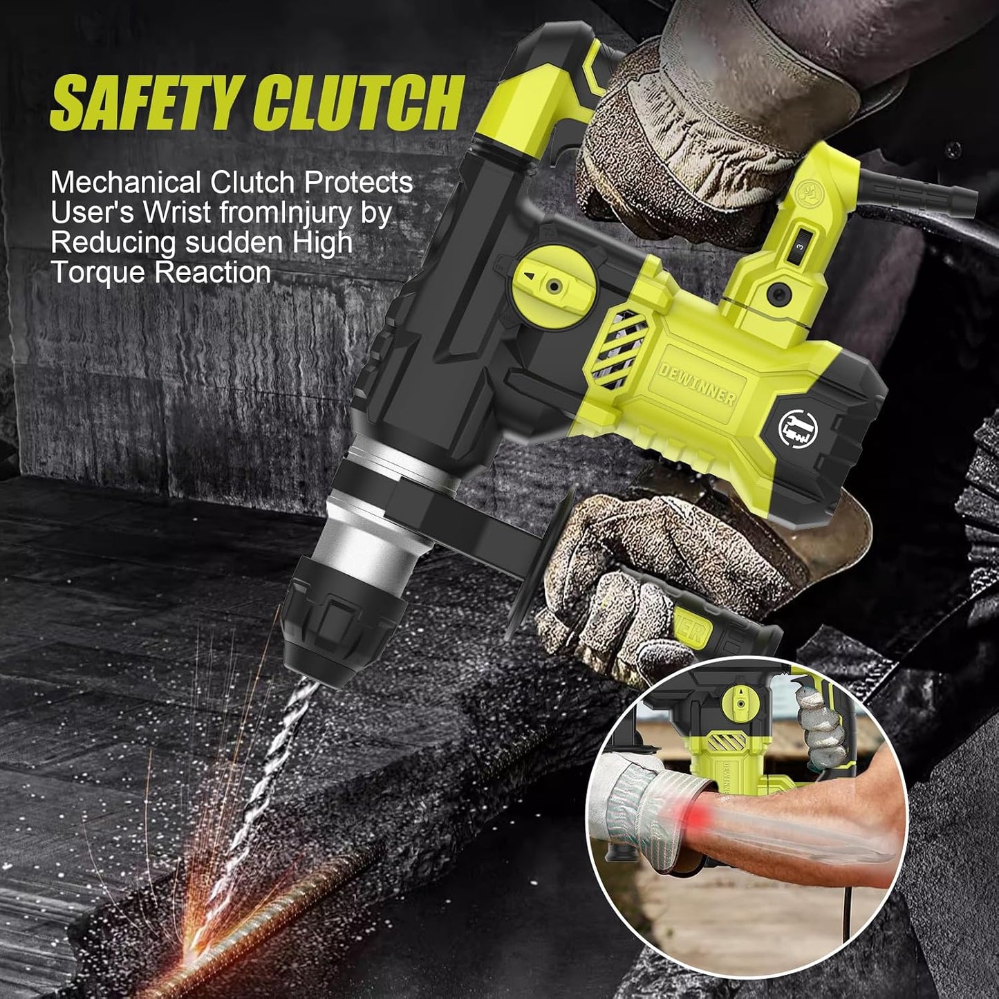DEWINNER Hammer Drill SDS-Plus, 5.5J Demolition Hammer, 6 Speed, 850RPM, 4400BPM, Safety Clutch & Anti-Vibration Technology, 4 Functions Concrete Breaker, Steel, Wood