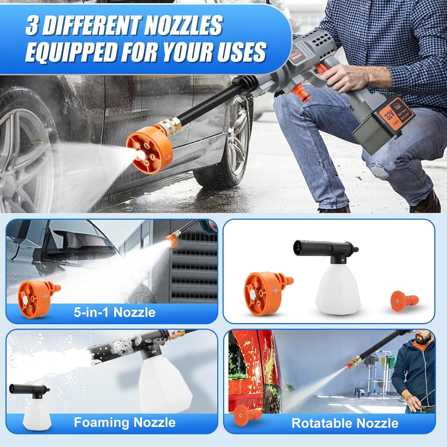 DEWINNER 32V Max 700 PSI Battery Powered Pressure Washer Portable Cordless Pressure Washer with 2.6Ah Battery, with Accessory Kit, for Cleaning Patio, Garden, Car