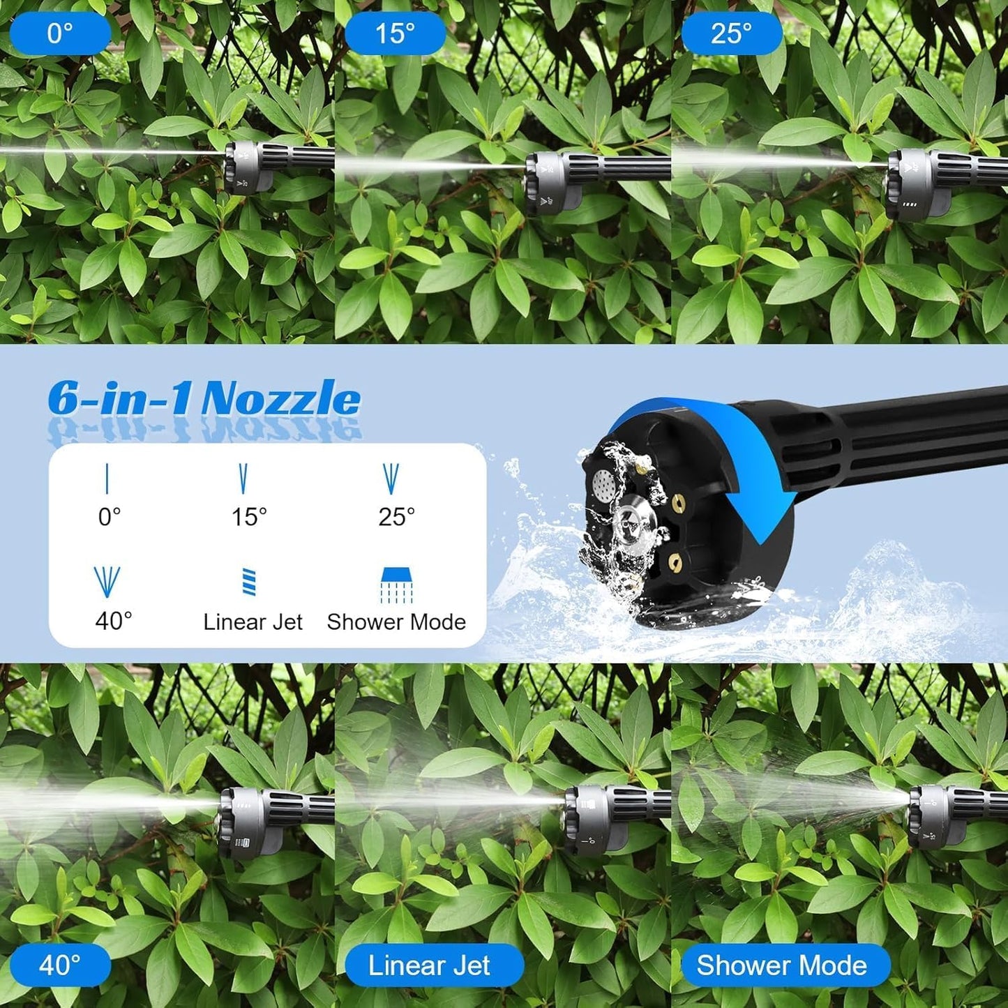 DEWINNER 25V Battery Pressure Washer, Portable High Pressure Cleaning Gun with 6-in-1 Multi-Function Nozzle, Max 610 PSI with 3000mAh Battery, for Car Washing and Watering