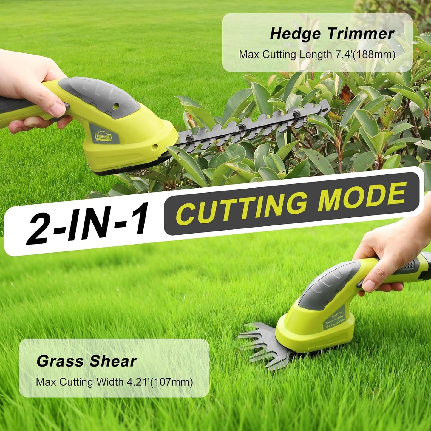 DEWINNER 2 in 1 Lawn Shears, Battery 7.2V, Blade Width 100, for Cutting Hedges, Lawns, Includes Portable Tailor, Battery and Charger DE-T1502