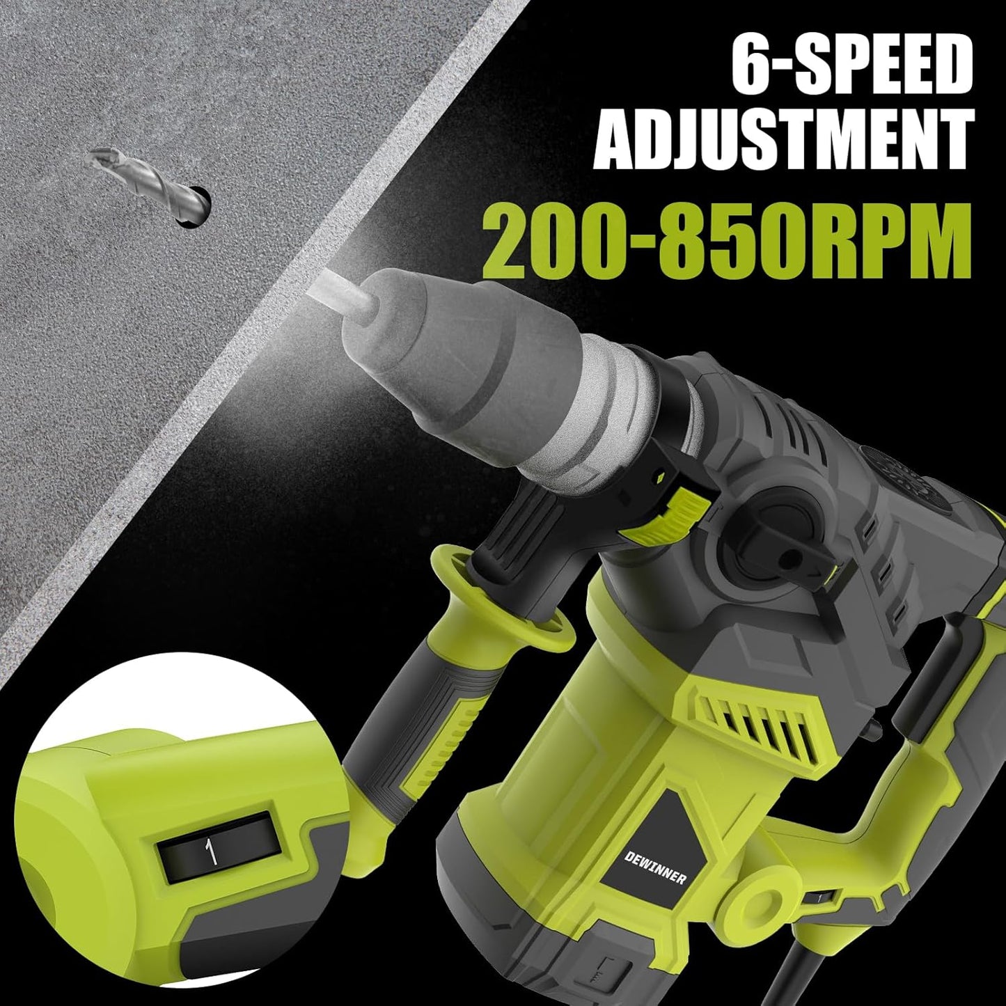 DEWINNER SDS-Plus Hammer Drill, 1500 W, 6 Speed, 850RPM, 4400BPM, 5.5J, Safety Clutch & Anti-Vibration Technology, 3 Functions, Including Organizer, Chisel and Drill 32 mm