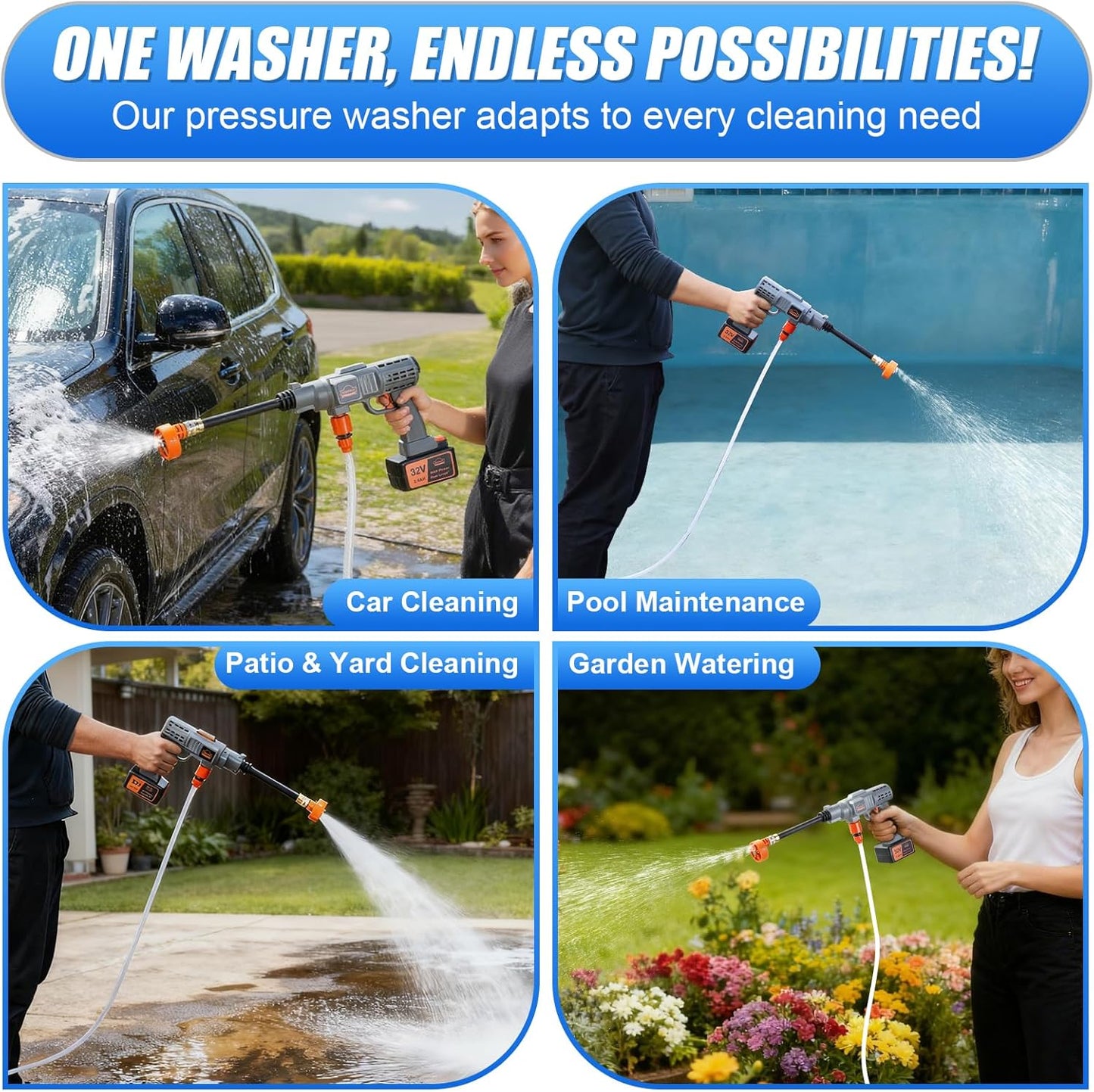 DEWINNER 32V Max 700 PSI Battery Powered Pressure Washer Portable Cordless Pressure Washer with 2.6Ah Battery, with Accessory Kit, for Cleaning Patio, Garden, Car