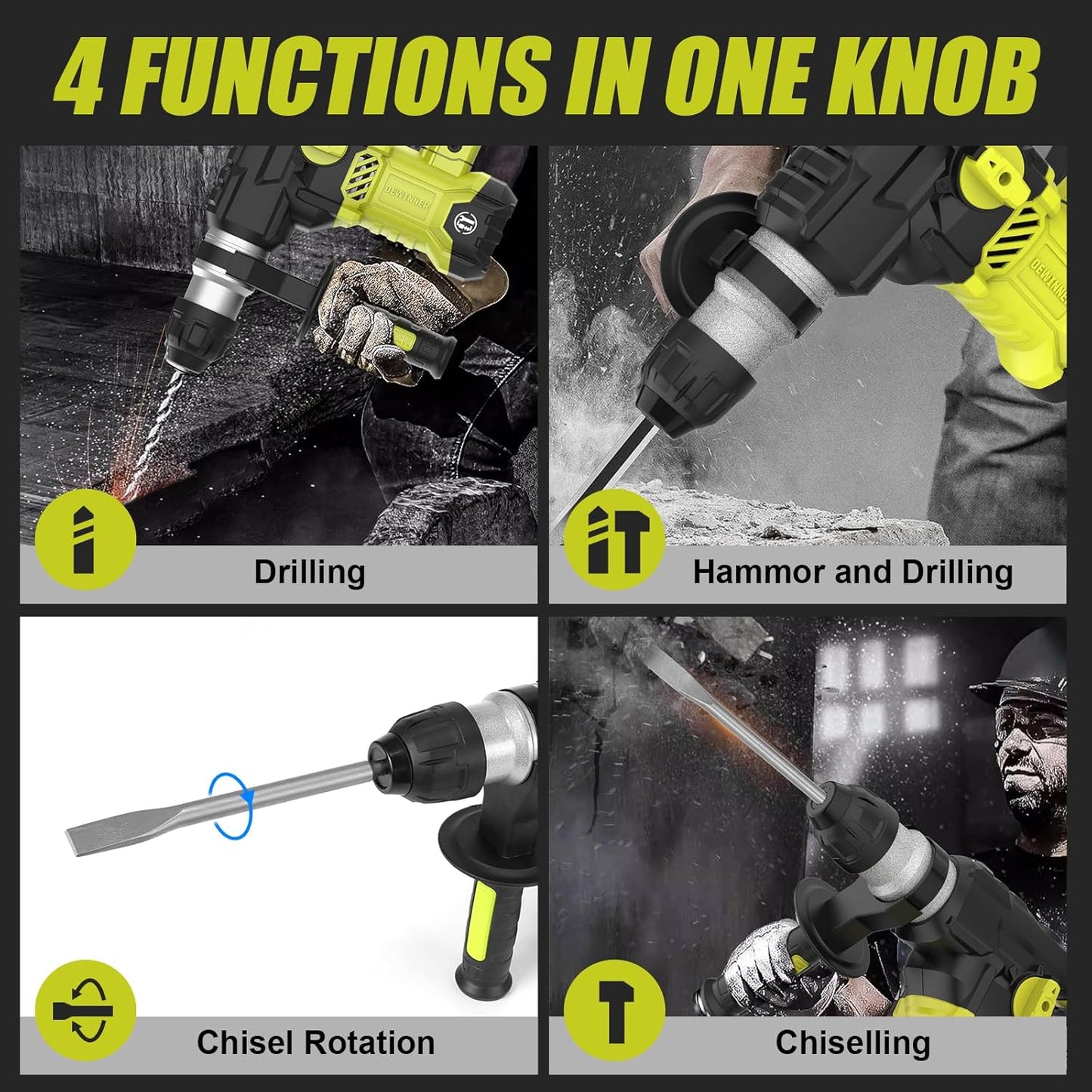 DEWINNER Hammer Drill SDS-Plus, 5.5J Demolition Hammer, 6 Speed, 850RPM, 4400BPM, Safety Clutch & Anti-Vibration Technology, 4 Functions Concrete Breaker, Steel, Wood