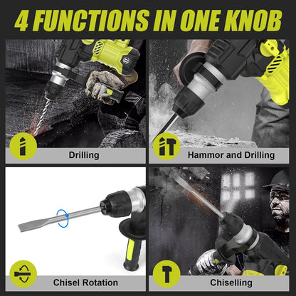 DEWINNER Hammer Drill SDS-Plus, 5.5J Demolition Hammer, 6 Speed, 850RPM, 4400BPM, Safety Clutch & Anti-Vibration Technology, 4 Functions Concrete Breaker, Steel, Wood