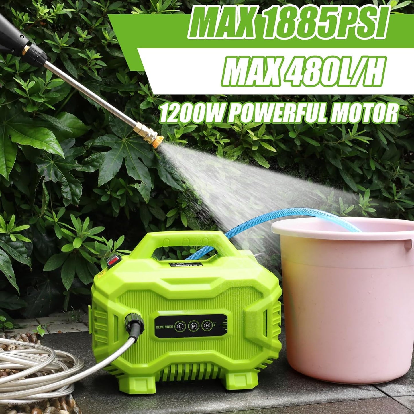 Dewinner Portable Pressure Washer 130 Bar 1200 W | Mini, 3 Speed Adjustment, 4 Nozzles, 8 Meter Hose, Foam Sprayer