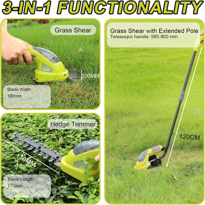 DEWINNER 7.2 V Cordless Edge Cutter, 2 in 1 Lawn Shears, Lightweight Lawn Mower, 1500 mAh Battery, Detachable Long Telescopic Handle, for Cutting Grass, Bush, Hedge