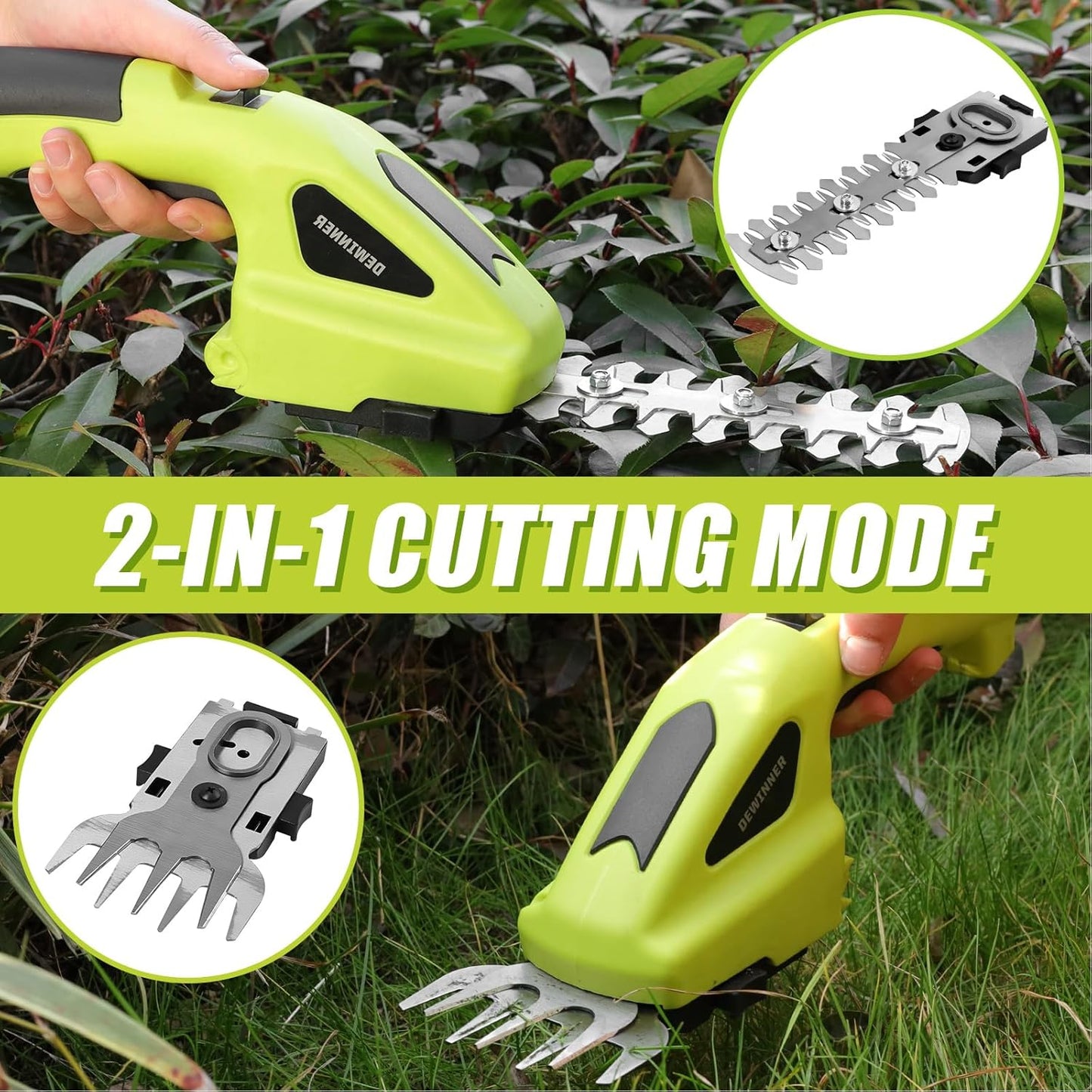 Dewinner 3-in-1 Lawn Shears, 3.6 V Battery, Lawn Shears with 2 Blades, Garden Shears for Cutting Hedges, Lawns, Cutting Width/Length 10 cm/15 cm, Includes Charger